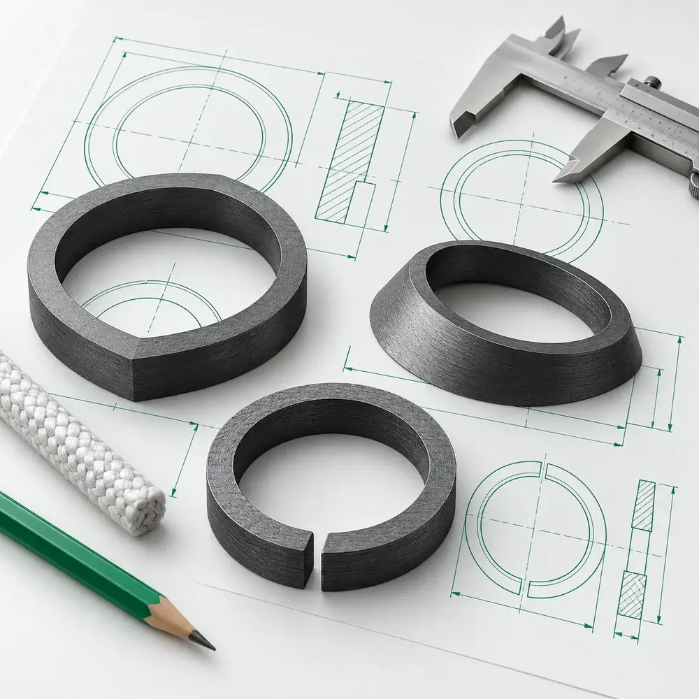 Illustration of custom graphite ring profiles and an engineering drawing